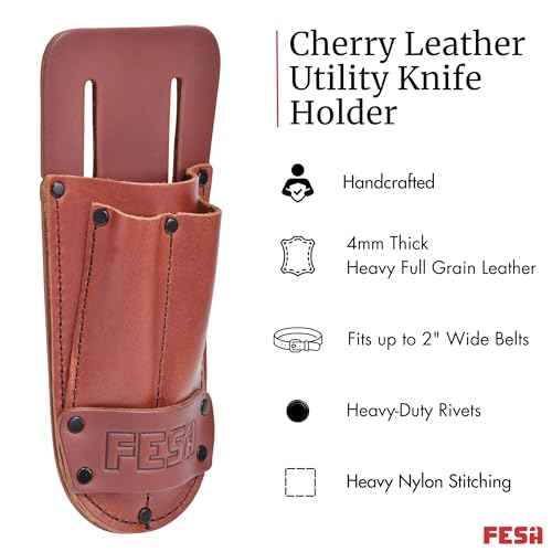 FESA Leather Utility Knife Pouch - Top Grain Leather Knife Pouch for Belt with 2 Pen/Pencil Pockets & Heavy Duty Reinforced Rivets - Fits Belts up to 2" - Handcrafted