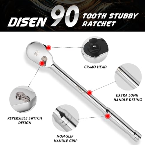 DISEN 1/4" Drive Ratchet,90-Tooth Ratchet Wrench with 7" Handle and Dust Proof Teardrop Enclosed Head, Reversible, CR-V Steel Made, CR-MO Head, Full Polished, Gifts for Men