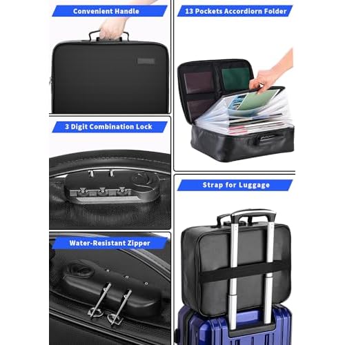 Fireproof Document Box with Lock,Waterproof Document Organizer with Zipper,Heat Insulated Accordion File Organizer,Portable File Box for Important Documents,Files,13 Pockets