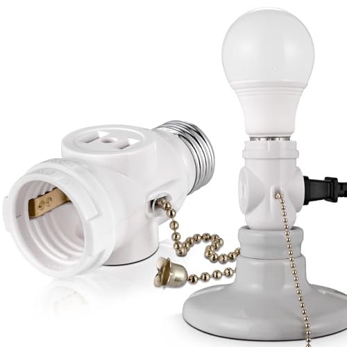2-Pack E26 Light Socket Adapter with Pull Chain Switch - Converts Medium Screw to Dual Outlets, UL Listed, White