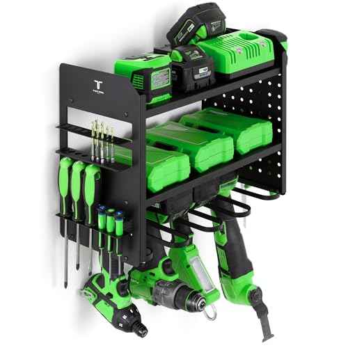 Power Tool Organizer - Wall Mount Storage for Garage Organizes 4 Cordless Drills & Tools - Heavy Duty Rack w Pegboard Sides Shelves & Hooks - Neatly Holds Screwdrivers & Drill Bits BLACK/BLACK