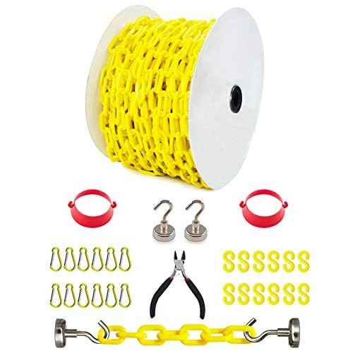 126 Feet Yellow Plastic Safety Barrier Chain with 2 Magnetic Hooks | 12 S-Hooks | 12 Carabiner Clips | 2 Chain Connector | Caution Security Chain Safety Chain for Crowd Control