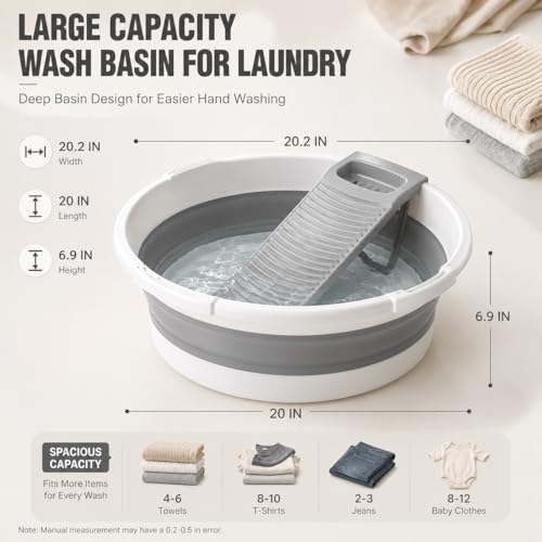 VEMJO Gray White 20x20 Inch Collapsible Laundry Basin with Detachable Washboard, 8 Gallon Capacity for Hand Washing, Camping & Small Spaces