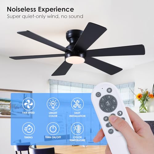 Asyko 46-Inch Black 6-Blade Modern Ceiling Fan with Light & Remote Control