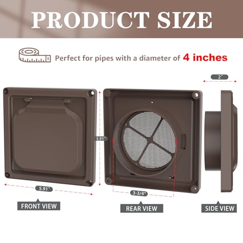 Houseluxe 4-Inch Dryer Vent Cover with Magnetic Door, Lint Trap, Brown, 6x6 in