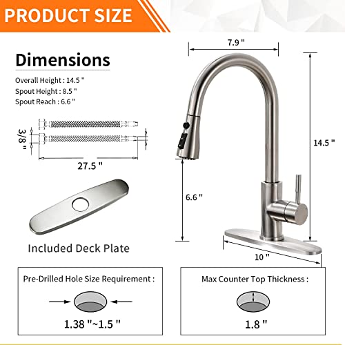 OWOFAN Classic Brushed Nickel Kitchen Faucet with Pull-Down Sprayer, 1-Hole Deck Mount, Stainless Steel