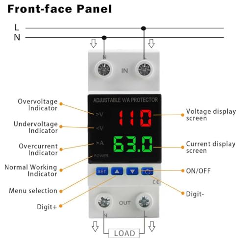 Aeliussine 2-Pack 63A Adjustable Voltage Protector 110V/220V Circuit Breaker