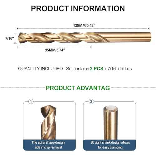 METALLIXITY Drill Bit (7/16") 2Pcs, 4241 High-Speed Steel Straight Shank Gold Finish 135¡Æ for Wood Plastic Iron Copper Aluminum Low Soft Metal