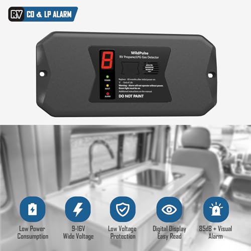 RV Propane Gas Detector, WildPulse RV LP Gas Detector, Hardwired - VDC 12V, Flush & Surface Mount, with 3 Brackets