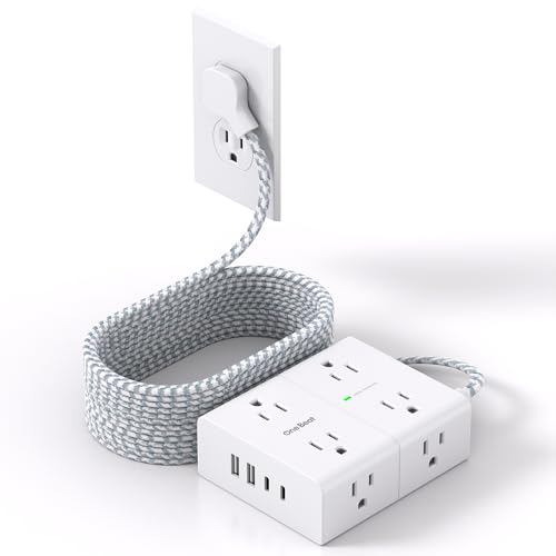 One Beat 15 Ft White & Grey Flat Power Strip with Surge Protector & USB Charging