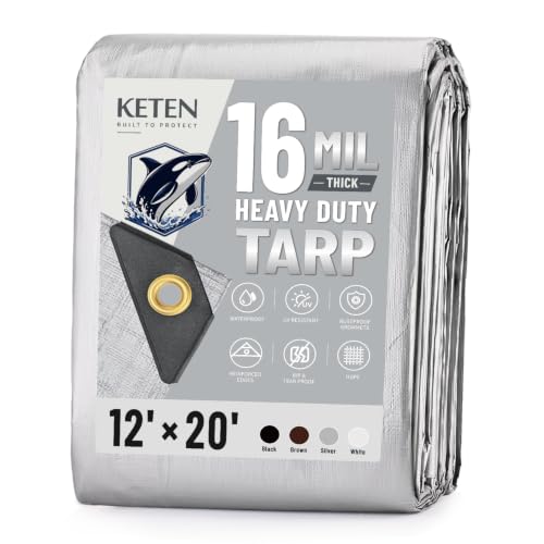 Keten Heavy Duty Waterproof Tarps 12x20 Feet, 16 Mil Silver, Extra Thick & UV-Resistant