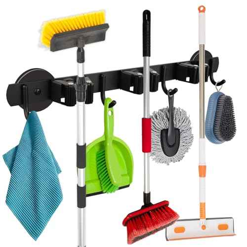 MUTUACTOR Heavy Duty Magnetic Broom Holder, 1PCS Mounting Broom and Mop Hanger, Anti-slip Black Magnetic Tool Holder 3 Slots and 4 Hooks for Fridge, Metal Door, Garage, Work Station