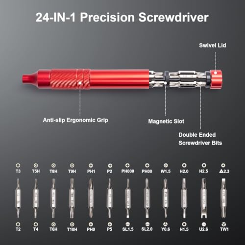 24-in-1 Precision Screwdriver Set, Magnetic Multi Bit Mini Screwdriver Set, Pen Style Repair Tool Kit for Eyeglass, Watch, Computer, Jewelry, Laptop, Phone and Electronic (Red)