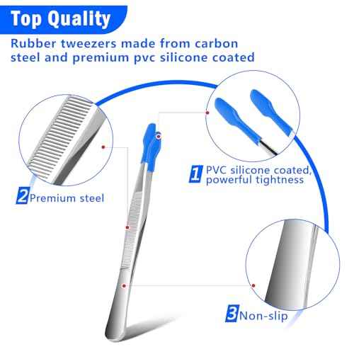 3PCS Tip Tweezers, Silicone Rubber Flat Tipped Tweezers Bent Tip for Jewelry Coin Stamp (Blue)