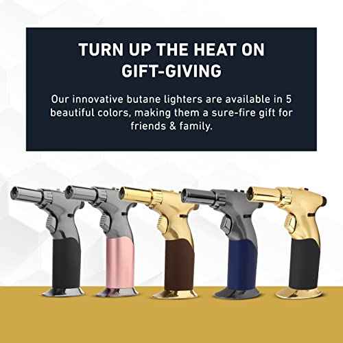 Dual Flame Butane Torch Gun - Refillable Luxury Hand Held Mini Blow Torch for Cooking, Creme Brulee, Soldering, Welding, & Resin Art - Adjustable Flame with Ignition Lock - Gold Brown by inZaynity