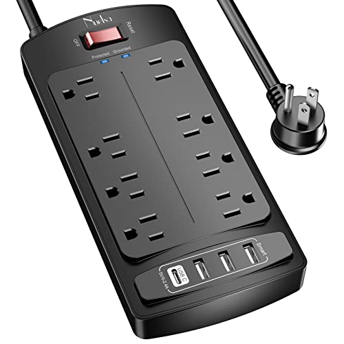 Nuetsa Black Surge Protector Power Strip with 8 Outlets & 4 USB Ports, 6ft Extension Cord