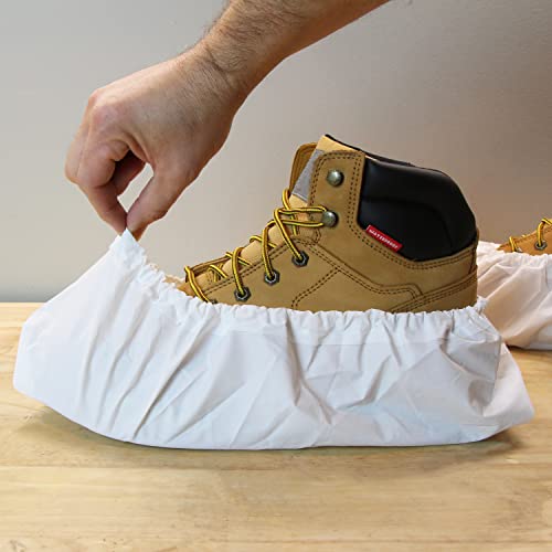 Waterproof Boot and Shoe Covers - Durable, Extra Large, Stretchable Up to Size 14 Work Boot - Dispenser Box Contains 80 Shoe Covers (40 Pair) - White