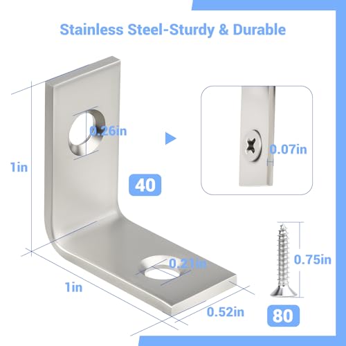 WellMade 1 Inch Stainless Steel L Brackets - 40 Pack Corner Shelf & Furniture Supports