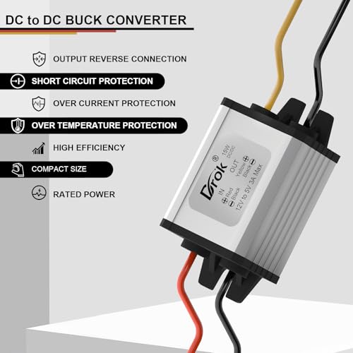 DROK 12V/24V to 5V Waterproof Buck Converter 3A 15W Power Supply for Automotive, LED, Solar