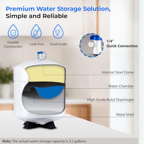 iSpring T32M 3.2 Gallon Pressurized Water Storage Tank with Ball Valve for Reverse Osmosis Systems, White