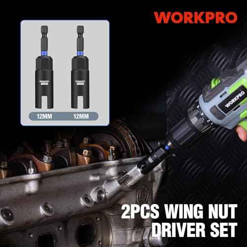 WORKPRO Wing Nut Driver Set 2 PCS, Power Wing Nut Driver Bit (12mm, 12mm), 1/4 Inch Hex Shank Nut Driver, Wing Nut Socket for Wing Nut, Eye Bolt, Wire Twisting
