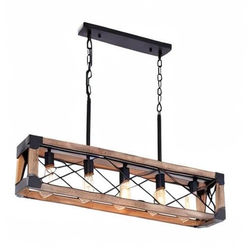 Airposta Kitchen Island Lighting, 33.5-Inch 5 Lights Farmhouse Linear Chandelier for Dining Room Pool Table Pendant Light Fixture, Rustic Wood Grain Finish, Industrial Pendant Light