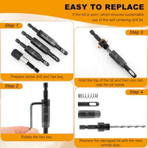 3 Pcs Self Centering Drill Bits Set, 3/32", 7/64", 1/8" Self-Centering Hinge Drill Bit with Bit Holder VIX Bit for 1/4 in Clic-Change Hex Shank Drill