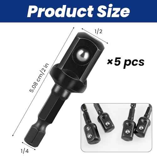 1/2 Impact Socket Adapter Set, 5PCS Black Drill Sockets Adapter 1/4 to 1/2 Drive Adapters Kit for Impact Driver Automotive DIY Extension Socket Bits Handle Nut Driver and Drills(1/2 Square Tip)