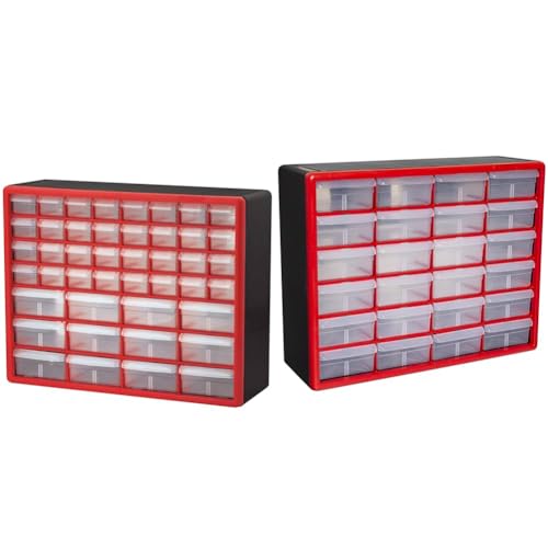 Akro-Mils 10144 + 10124 68-Drawer Plastic Storage Cabinets Bundle, Red