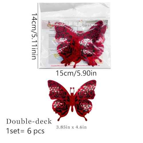 Love 3D Butterfly Wall Decor Summer Butterfly Wall Sticker Decoration Silver Red Double Deck Removable Sticker 3.85x4.6 inche for Valentine's Birthday Holiday Party Decoration-6pcs
