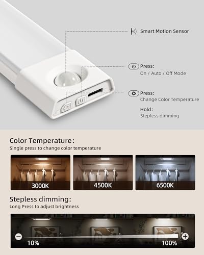 EZVALO 8-Inch White Rechargeable Motion Sensor Closet Light - 3 Color Temps, Dimmable, 3 Pack