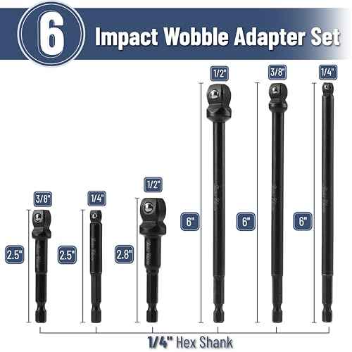 Bates- Impact Wobble Adapter Set, 6 pcs, 6", 2-3/4" & 2-1/2"-Long, 1/4" Drive Hex Shank, 1/4" 3/8" & 1/2", Wobble Extension Set
