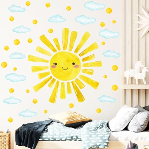 Eutecado Smile Sun Watercolor Wall Decals for Kids Room - 12 Sheets Wall Stickers for Nursery & Bedroom
