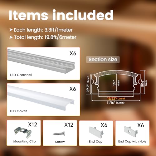 Muzata 6-Pack 1M Silver LED Strip Channel with Milky Diffuser U1SW WW - 3.3ft