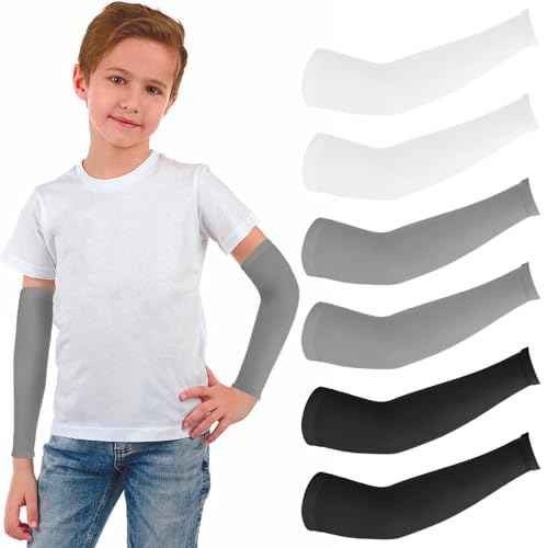 3 Pairs Kids Arm Sleeves, UV Sun Protection Arm Sleeves for Men Women Upf 50 Compression Cooling Sleeves Outdoor Sport Breathable Elastic Ice Sleeve for Youth Boys Girls Sports (Black White Grey)