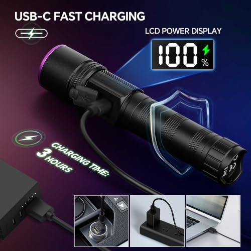 TrixHub 365nm Rechargeable UV Black Light Flashlight 30W with LCD Display – 1 Pack