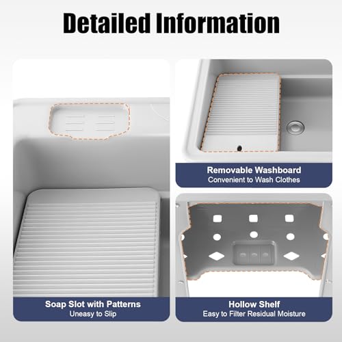 Portable Laundry Sink 21 Inch with Washboard & Hot/Cold Faucet, Heavy Duty 441 lbs Capacity