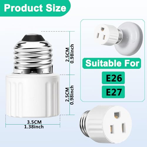 3 Pack White E26 Light Socket Outlet Adapter - Converts Bulb Socket to Plug