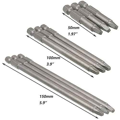 Set of 9 Pieces Magnetic SQ2 Square Head Screwdriver Bits 1/4 Inch Hex Shank Square Drive Bit Security Electric Screw Driver Drill Bit for Electric Hand Screwdrivers, 50/100/150mm Length