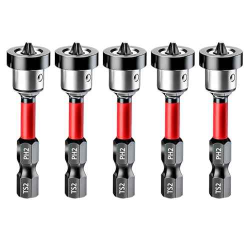 5pcs Drywall Screw Setter, Magnetic Positioning Screwdriver Bits PH2 Bits, 1/4" Hex Shank Drywall Screw Bit, Plasterboard Screws Locating Batch Head Drilling Tools, 50mm