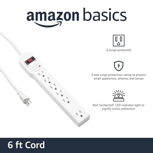 Amazon Basics White Surge Protector Power Strip, 6 Outlets, 790 Joules, 6ft Cord, Circuit Breaker - Old Version