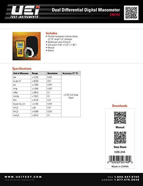 UEi Test Instruments - Electronic Manometer (EM152)