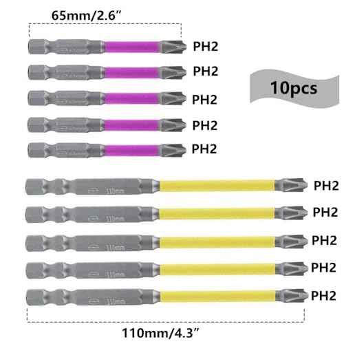 10pcs Magnetic PH2 Special Slotted Phillips Screwdriver Bit Set for Electricians, Long #2 Phillips Cross Slot Flat Screw Head Driver Drill Bits with 1/4 Inch Hex Shank Used on Air Switch