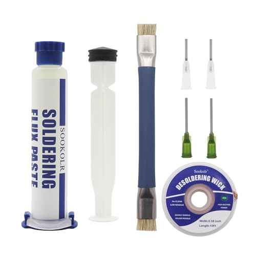 Desoldering Wick and Soldering Flux Paste, PCB Cleaning Brush Dual Head Anti-Static, No Clean Flux (10CC), Solder Wick 10Ft, Electronics Repair Solder Removal Kit