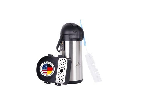 Airpot Coffee Dispenser 102 oz (3L) with Pump, Drip Tray and Cleaning Brush - Stainless Steel Insulated Carafe - 24 Hour Heat Retention - 36 Hour Cold Retention - 2 Gifts are included