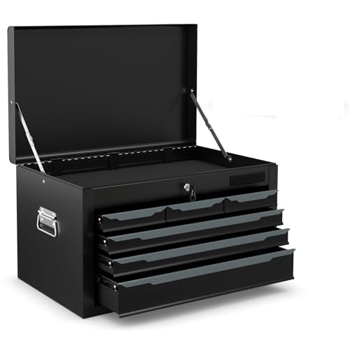 Goplus 24" 6-Drawer Steel Tool Chest with Top Tray – Black, Automatic Lock
