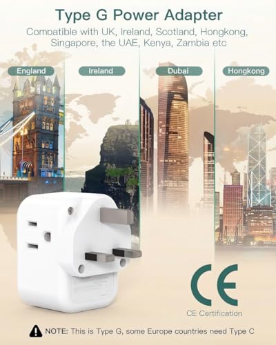Addtam US to UK Travel Plug Adapter Type G with 3 Outlets, 2 USB-A & 1 USB-C