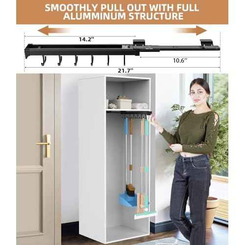 Pull Out Broom Holder With Adjustable Double Row Sliding Hook, Multifunctional Slide Broom And Mop Storage/Organizer Garage Organization Hooks, for Closet Laundry Garage - 36cm/14.17in