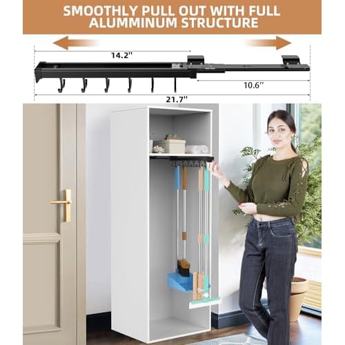 Pull Out Broom Holder With Adjustable Double Row Sliding Hook, Multifunctional Slide Broom And Mop Storage/Organizer Garage Organization Hooks, for Closet Laundry Garage - 36cm/14.17in