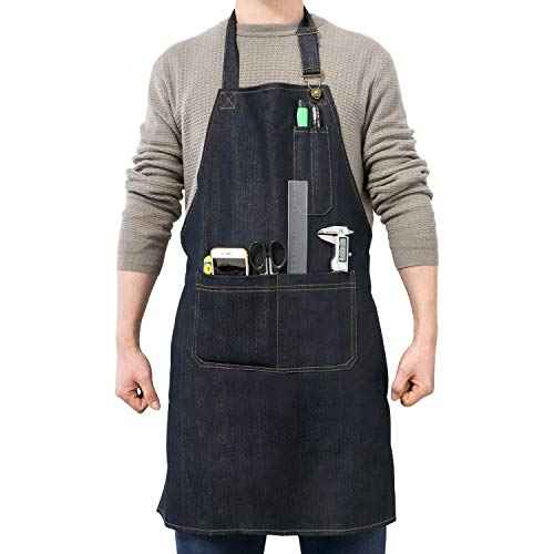 QWORK Heavy Duty Denim Work Apron With Pockets, Adjustable Jean Tool Apron for Men and Women
